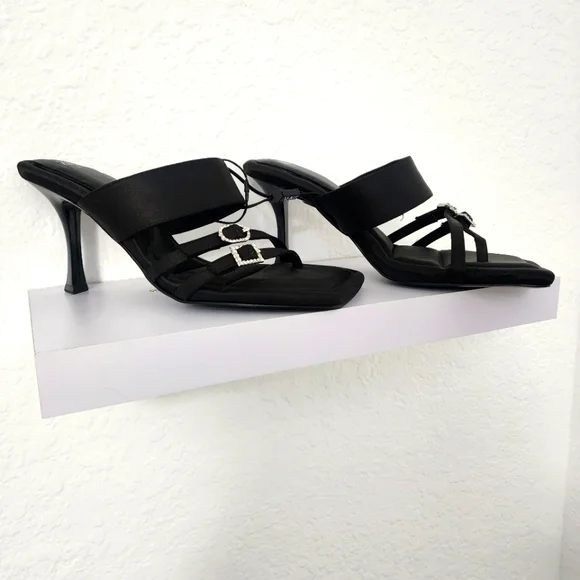 Zara Women's New, Heeled Black Mule Sandals With Rhinestone Buckles.  Size US 8 - Picture 9 of 11